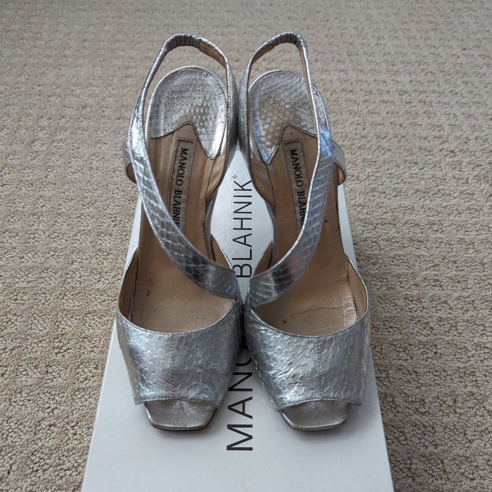 Manolo Blahnik Dianamus Silver Slingback Heels